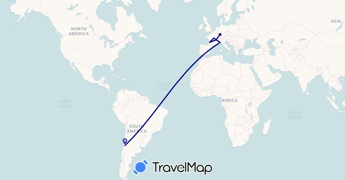 TravelMap itinerary: driving in Chile, Germany, France, Italy (Europe, South America)